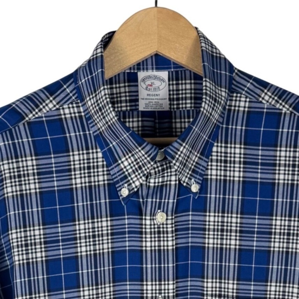 Brooks Brothers Regent Shirt Mens XL Blue Plaid Supima Cotton Non-Iron